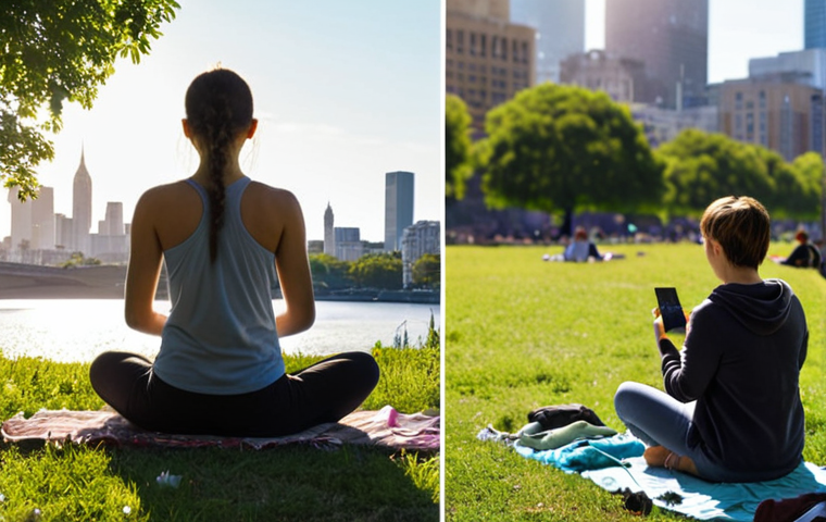 **
A split image. On one side, a person meditating peacefully in a sunlit park, phone discarded nearby. On the other side, a person looking anxiously at a barrage of notifications on their phone, with a chaotic city skyline blurred in the background. This visually represents the benefits (peace, mindfulness) versus the risks (anxiety, information overload) of disconnection.
**