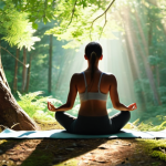 ** A person peacefully meditating in a nature setting, phone out of sight, with a sunlit forest background.  Concept: "Desintoxicación Digital" (Digital Detox).

**