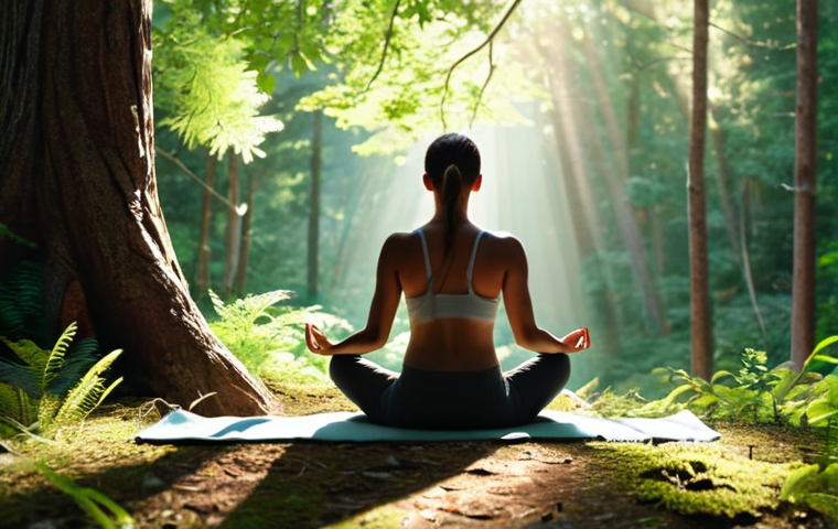 ** A person peacefully meditating in a nature setting, phone out of sight, with a sunlit forest background. Concept: "Desintoxicación Digital" (Digital Detox).
**