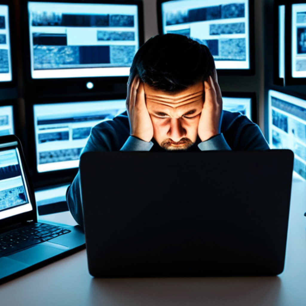 정보 다이어트법과 문화 변화 - **Digital Overload Meltdown:** A person, likely in their late 20s to early 40s, sits slumped at a de...