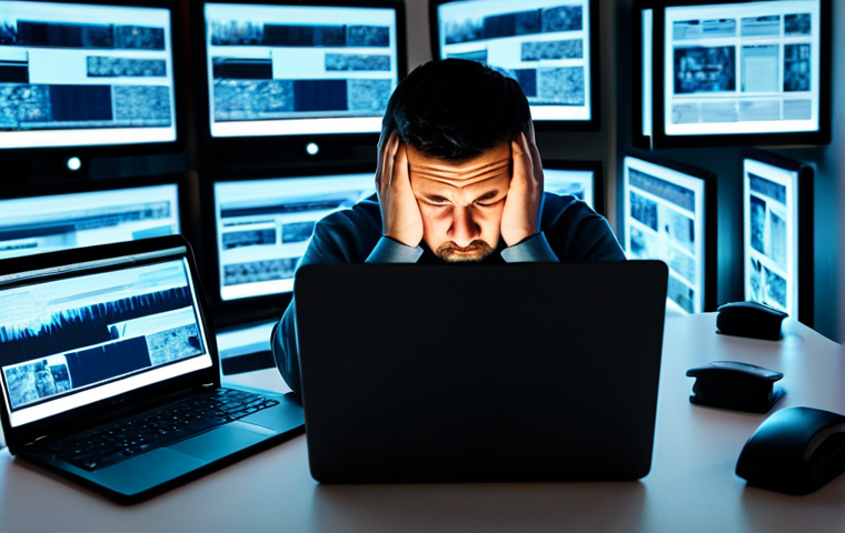 정보 다이어트법과 문화 변화 - **Digital Overload Meltdown:** A person, likely in their late 20s to early 40s, sits slumped at a de...