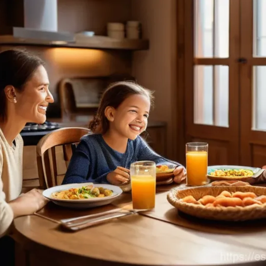 정보 다이어트법과 정보 환경 변화 - A cozy, warmly lit dining room where a family of four (two adults, two children aged approximately 8...