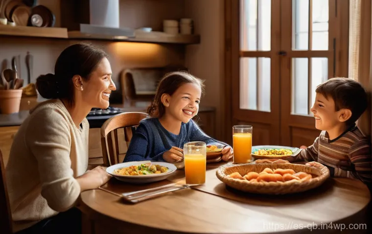 정보 다이어트법과 정보 환경 변화 - A cozy, warmly lit dining room where a family of four (two adults, two children aged approximately 8...
