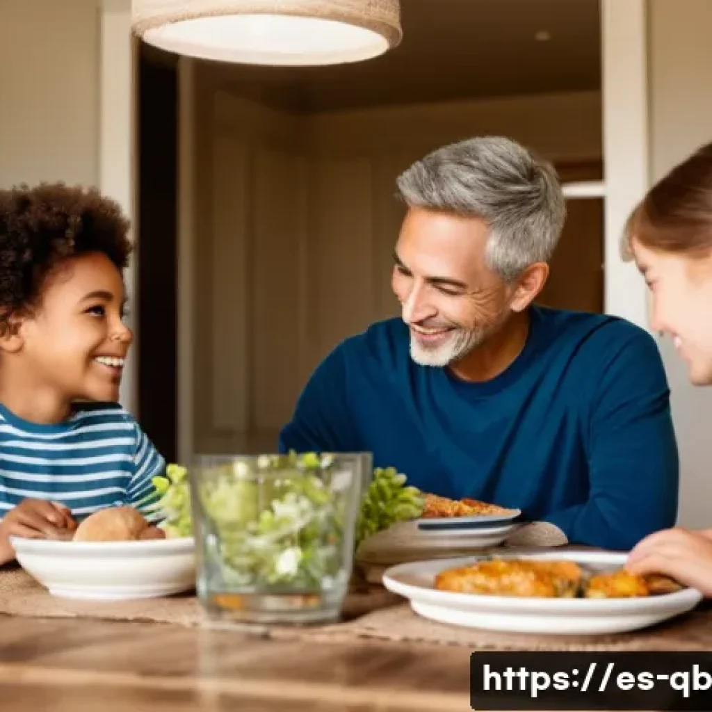SNS 사용 줄이기 전략 - **Prompt:** A cozy family dinner scene where a mother, father, and two children (all modestly dresse...