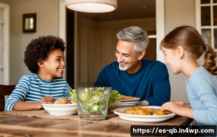 SNS 사용 줄이기 전략 - **Prompt:** A cozy family dinner scene where a mother, father, and two children (all modestly dresse...