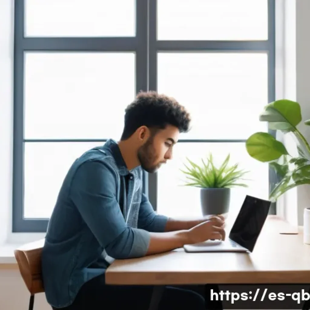 정보 다이어트법과 자아 성장 - A modern digital workspace scene showing a young Hispanic adult sitting at a clean desk with a lapto...