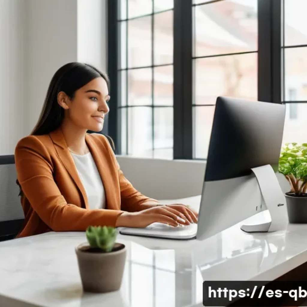 정보 다이어트법의 성공적인 접근법 - A serene workspace scene showcasing a young professional woman in modest business casual attire, sit...