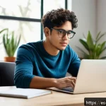 Home 20 정보 다이어트법의 활용 사례 - A serene modern home office scene featuring a young Hispanic adult wearing casual clothing and glass...