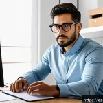 Home 18 정보 다이어트법을 통한 목표 달성 - A focused young professional sitting at a modern desk in a bright, cozy home office, surrounded by n...