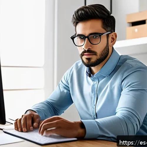 Home 30 정보 다이어트법을 통한 목표 달성 - A focused young professional sitting at a modern desk in a bright, cozy home office, surrounded by n...