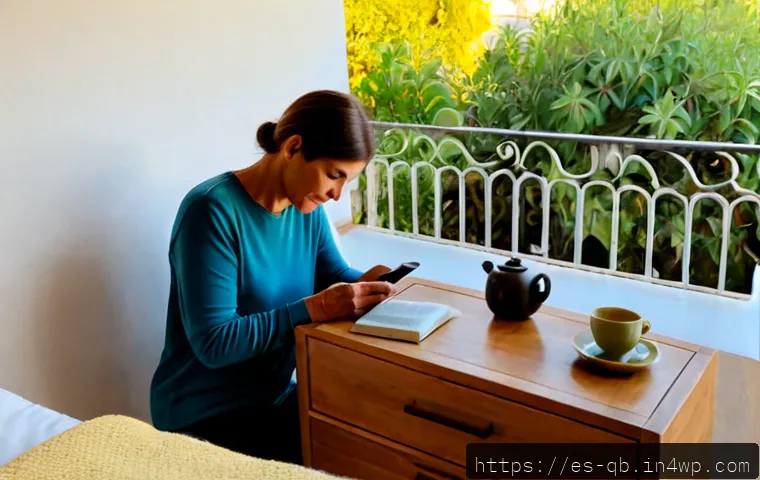 디지털 Detox와 정보 다이어트법 - Photorealistic peaceful morning scene in a sunlit Spanish apartment, a middle-aged woman placing her...